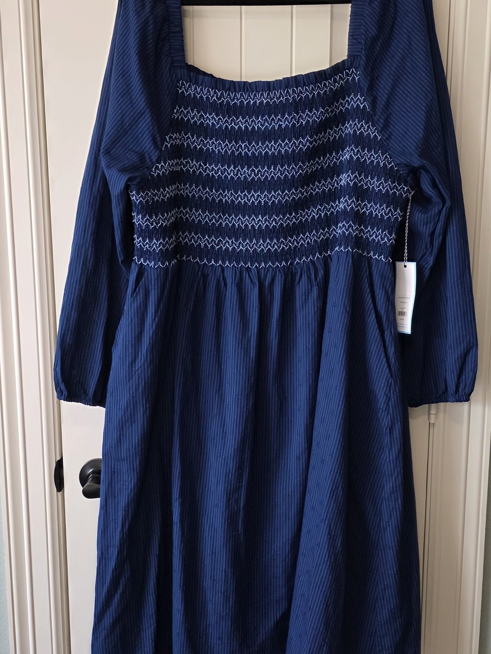 Draper James Navy Smocked Square-Neck Dress